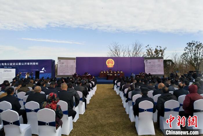 南京环境资源法庭在江苏高邮湖畔对此案进行了公开开庭审理。法院供图