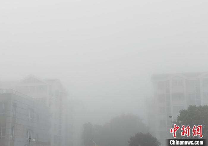 楼宇在大雾中若隐若现。 谷华 摄