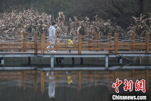 2月22日,贵阳观山湖公园,一位父亲带着孩子在公园内游玩。 瞿宏伦 摄