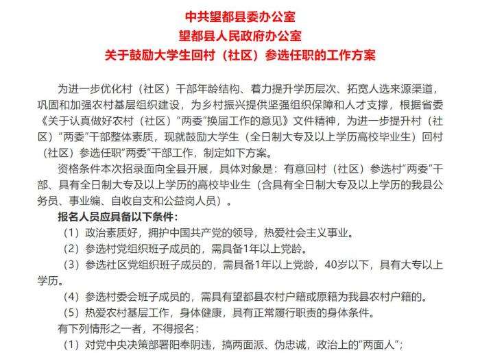 河北望都出台鼓励大学生回乡参选任职方案明确政策待遇
